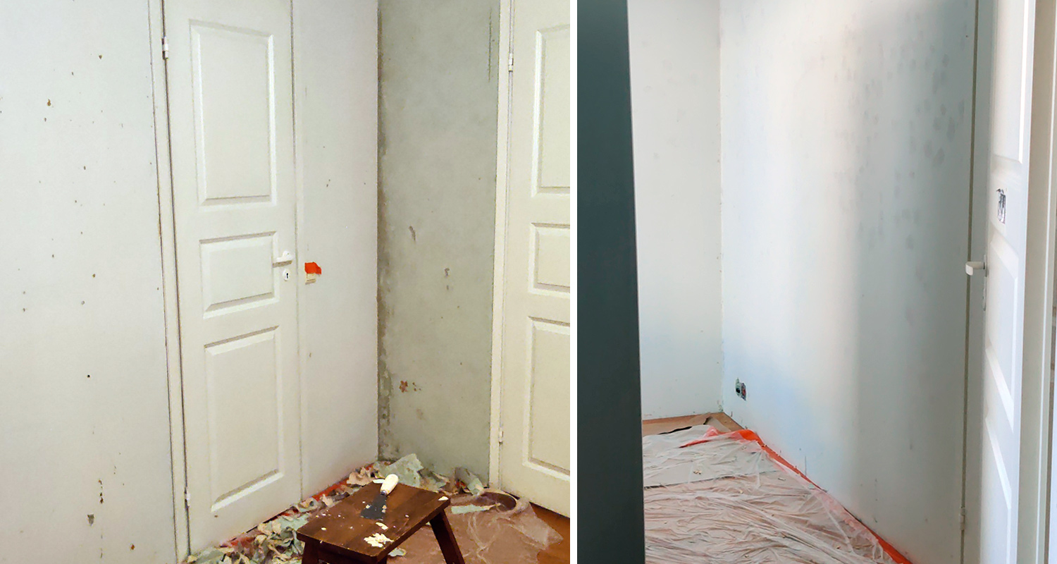 Seinä, josta tapetti on irrotettu Wagnerin höyryirrottimella 