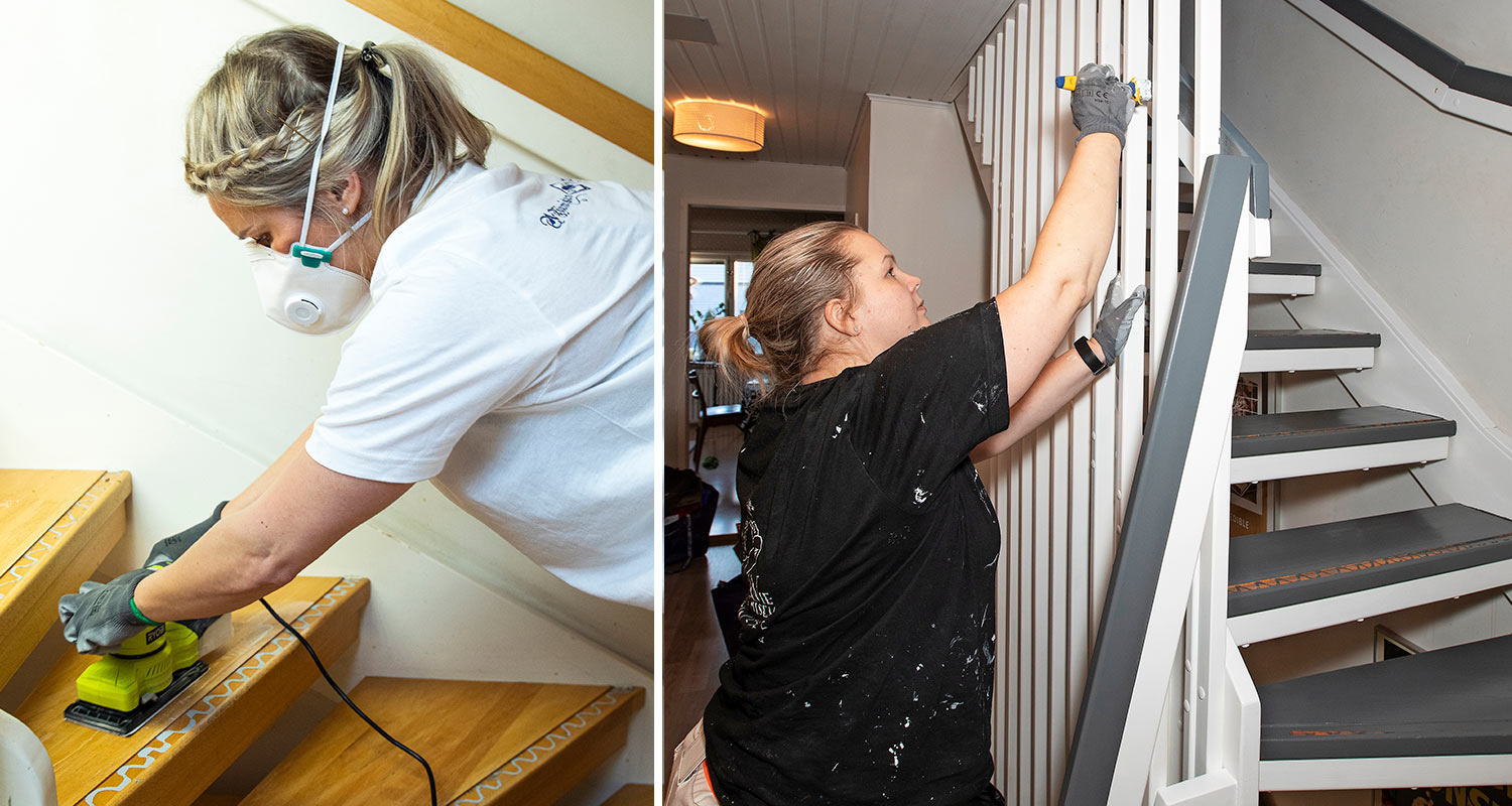 Maalari hioo ja maalaa kodin portaita valkoiseksi