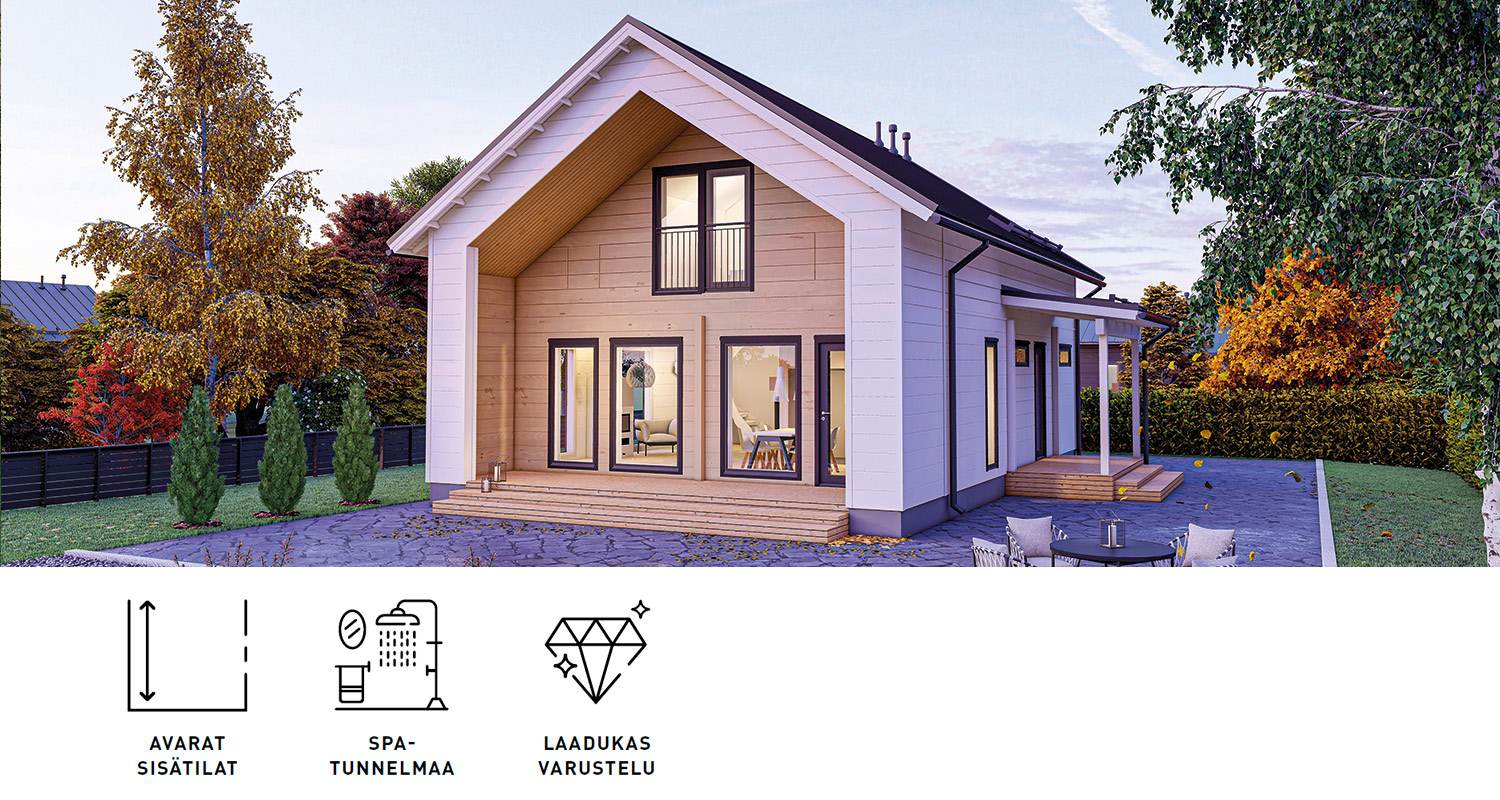 Valoisa valkoinen puutalo suuret ikkunat, terassi, harmaa kivipatio ja syksyiset puut taustalla