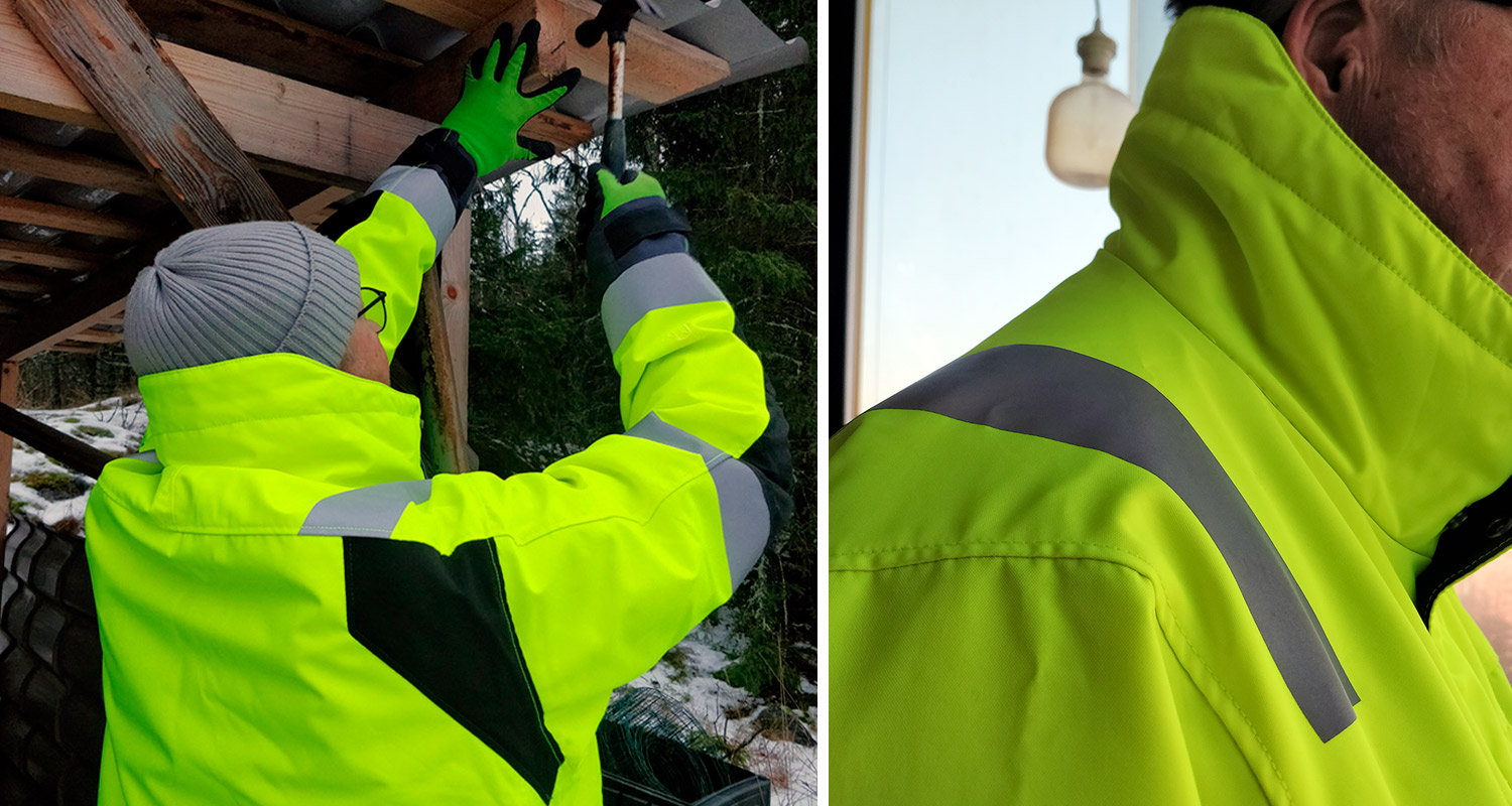 Snickersin huomiotalvitakki ammattilaisen päällä työhommissa, myynnissä K-Raudassa