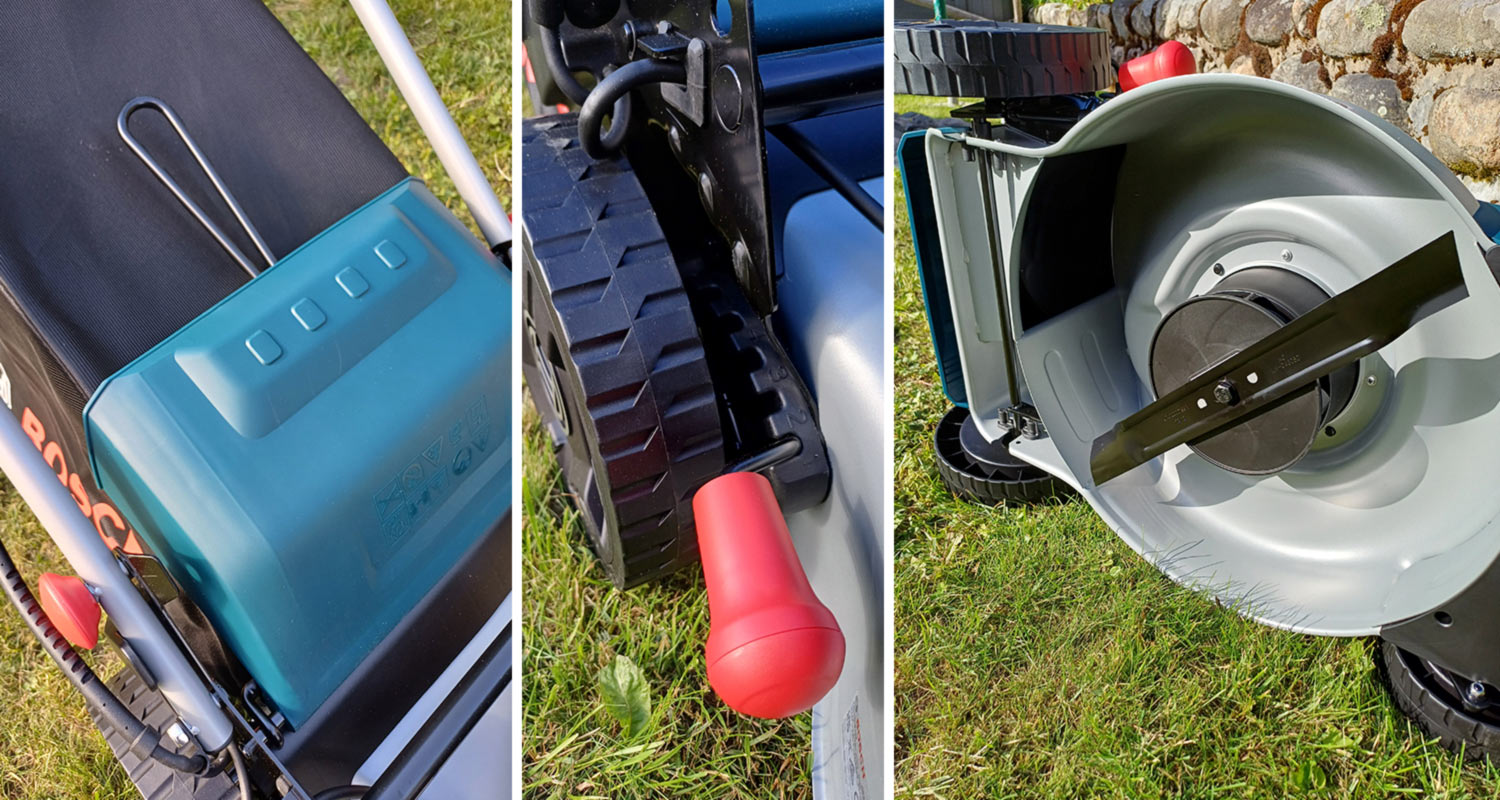 Kuvassa yksityiskohtia akkuruohonleikkuri Bosch GRA 18V2-46 Solo -leikkurista.