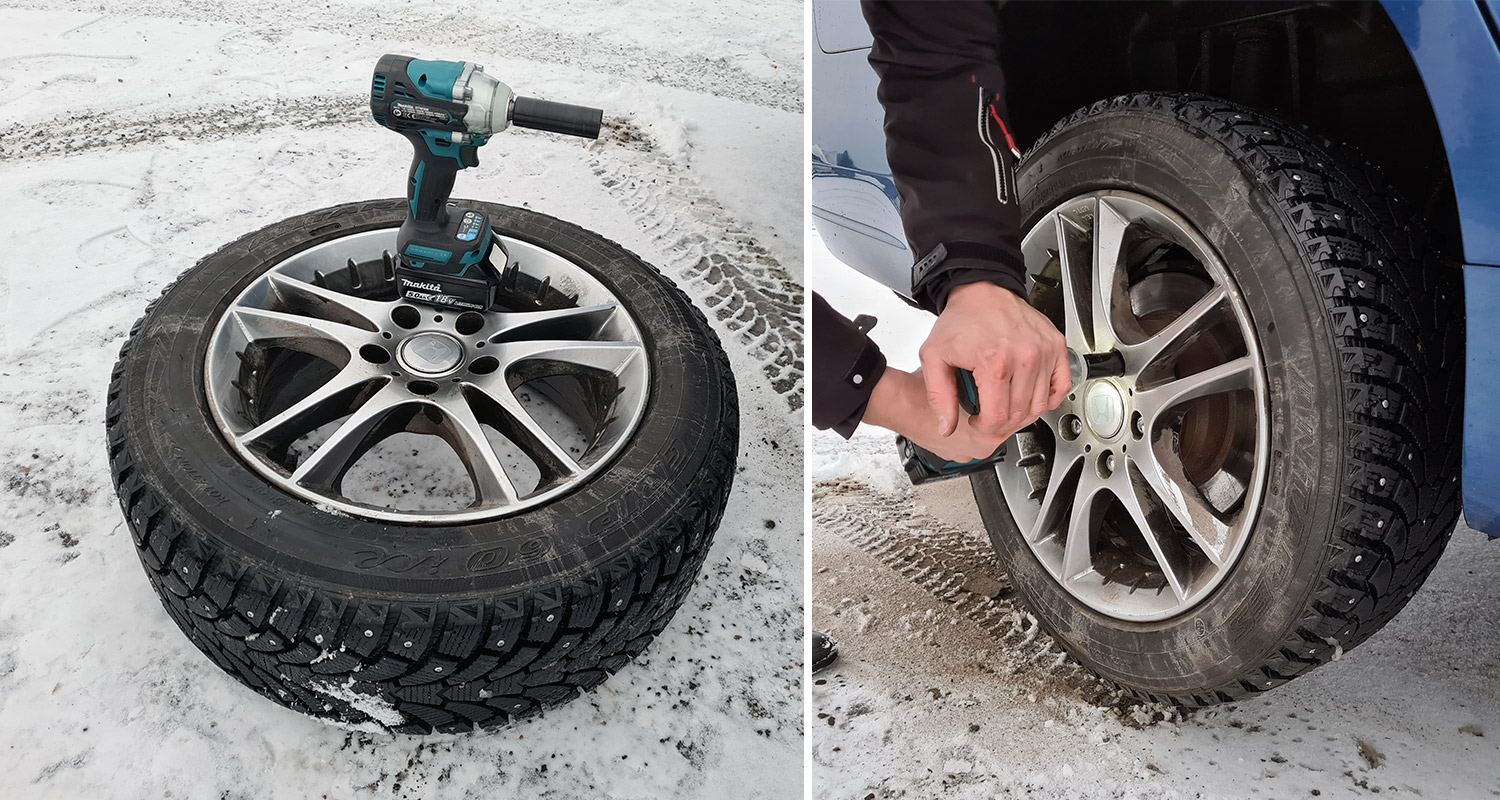 Renkaanvaihto Makitan mutterinvääntimellä, lähikuvassa mutterinväännin