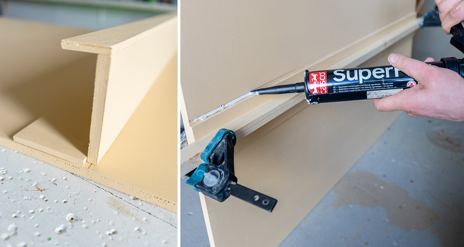 Musta Casco Superfix-pistooli pursottaa valkoista tiivistettä vaalean puulevyn liitoskohtaan.