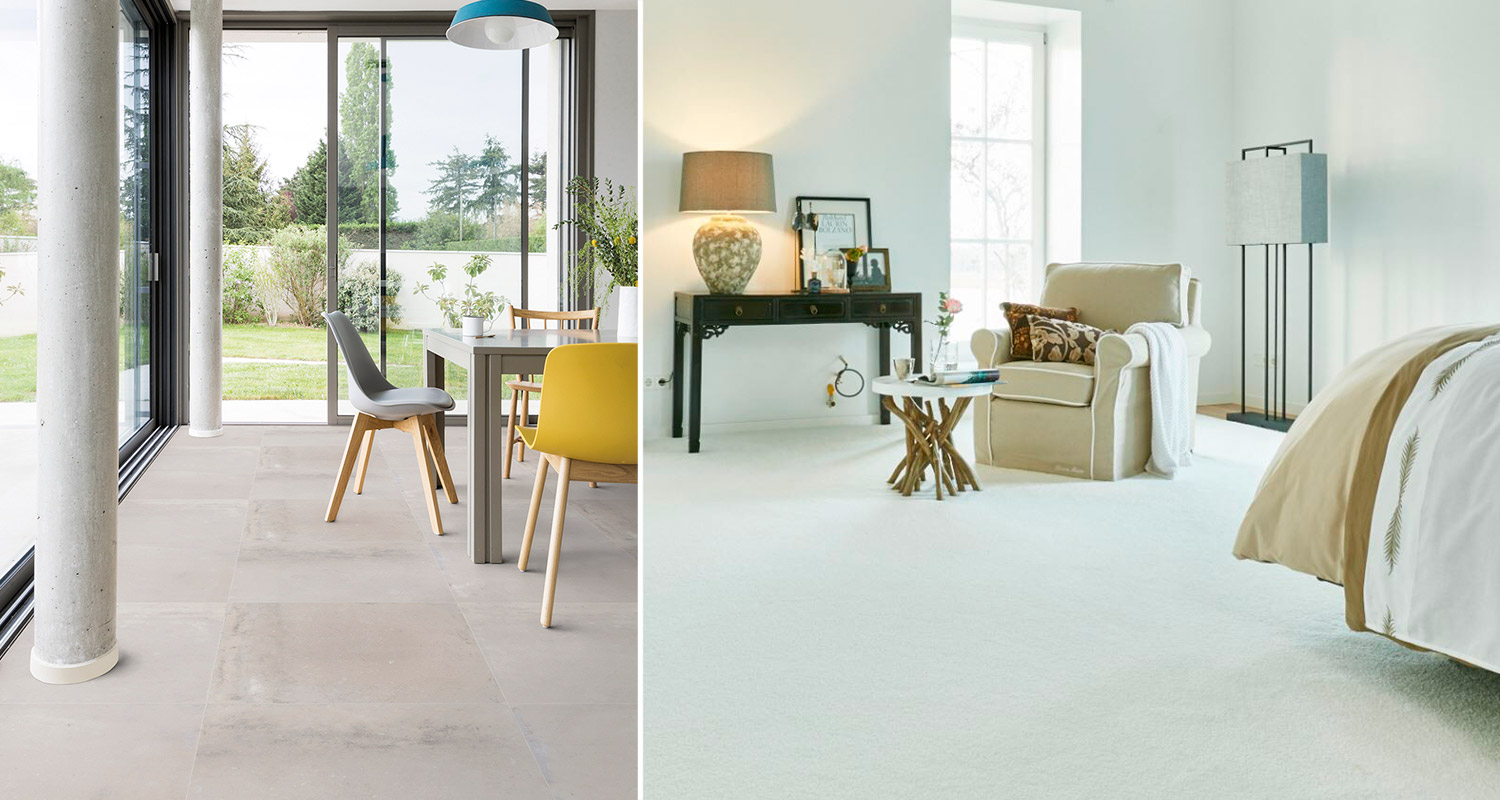 Vasemmalla kuvassa vinyylimatto ja oikealla makuuhuoneessa kokolattiamatto