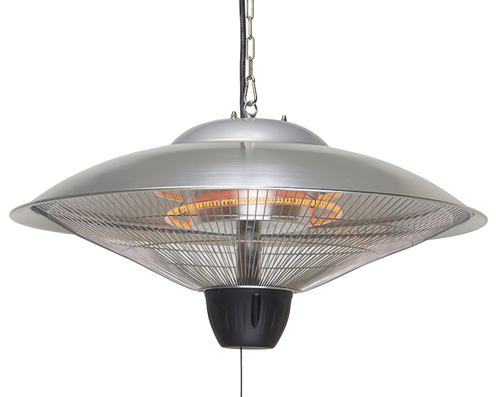 Ketjulla ripustettava hopeanvärinen infralämmitin oranssina hehkuvalla vastuksella