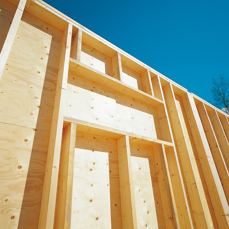 Puun vaalea runkorakenne ja vanerilevyt kirkkaan sinistä taivasta vasten