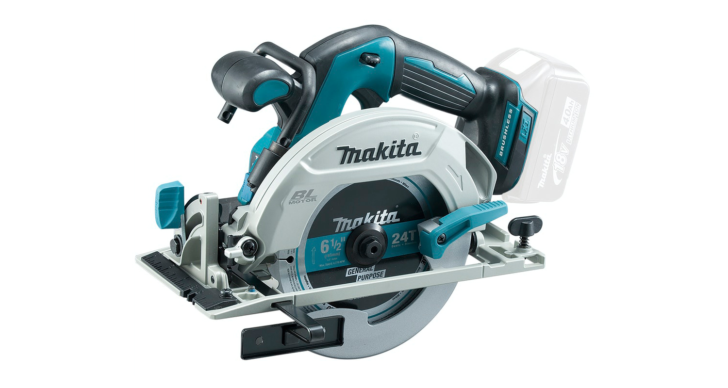 Turkoosi-harmaa Makitan 18 V akkukäyttöinen pyörösaha valkoisella taustalla.