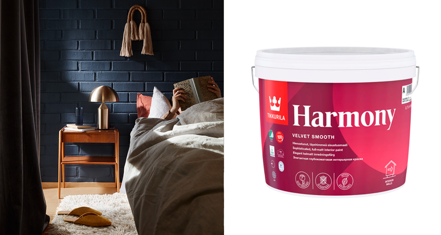 Harmony-sisämaali Tikkurila ja tummansininen seinä