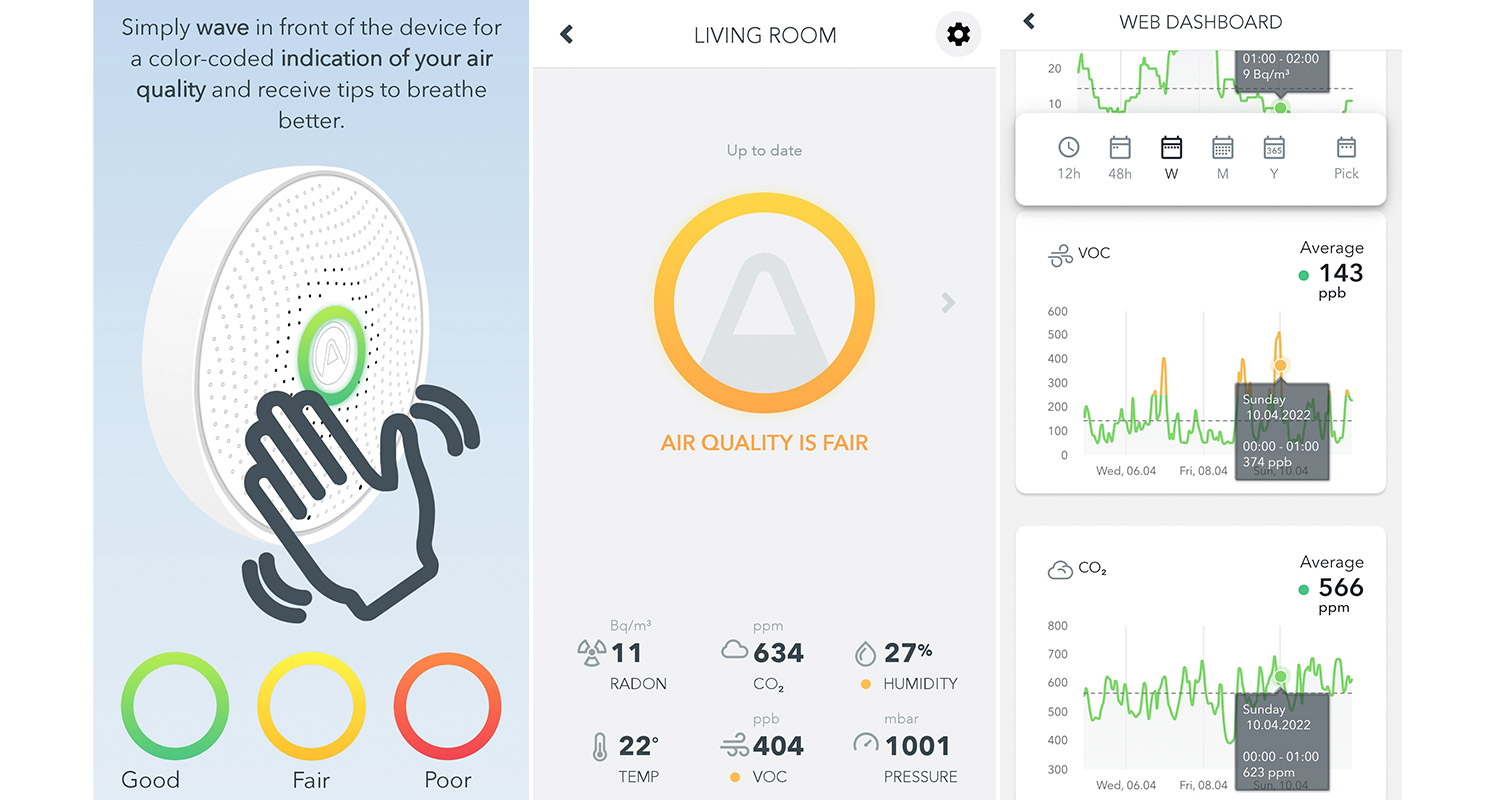 Airthings Wave Plus ilmanlaatu-ja radonmittarin apin näkymä