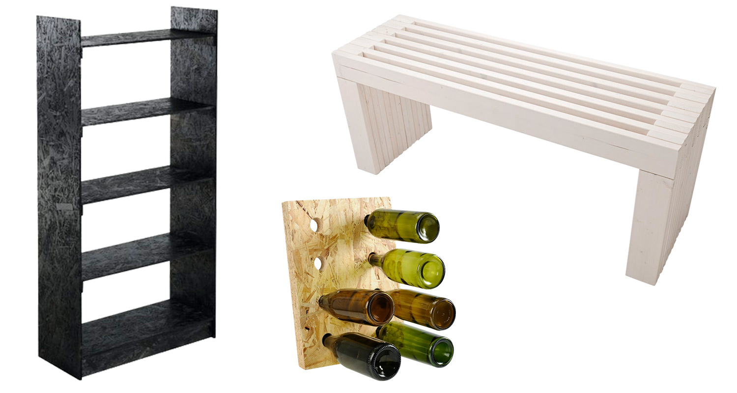 Kolme OSB-kalustetta: musta hylly, valkoinen puupenkki ja viinipulloteline.