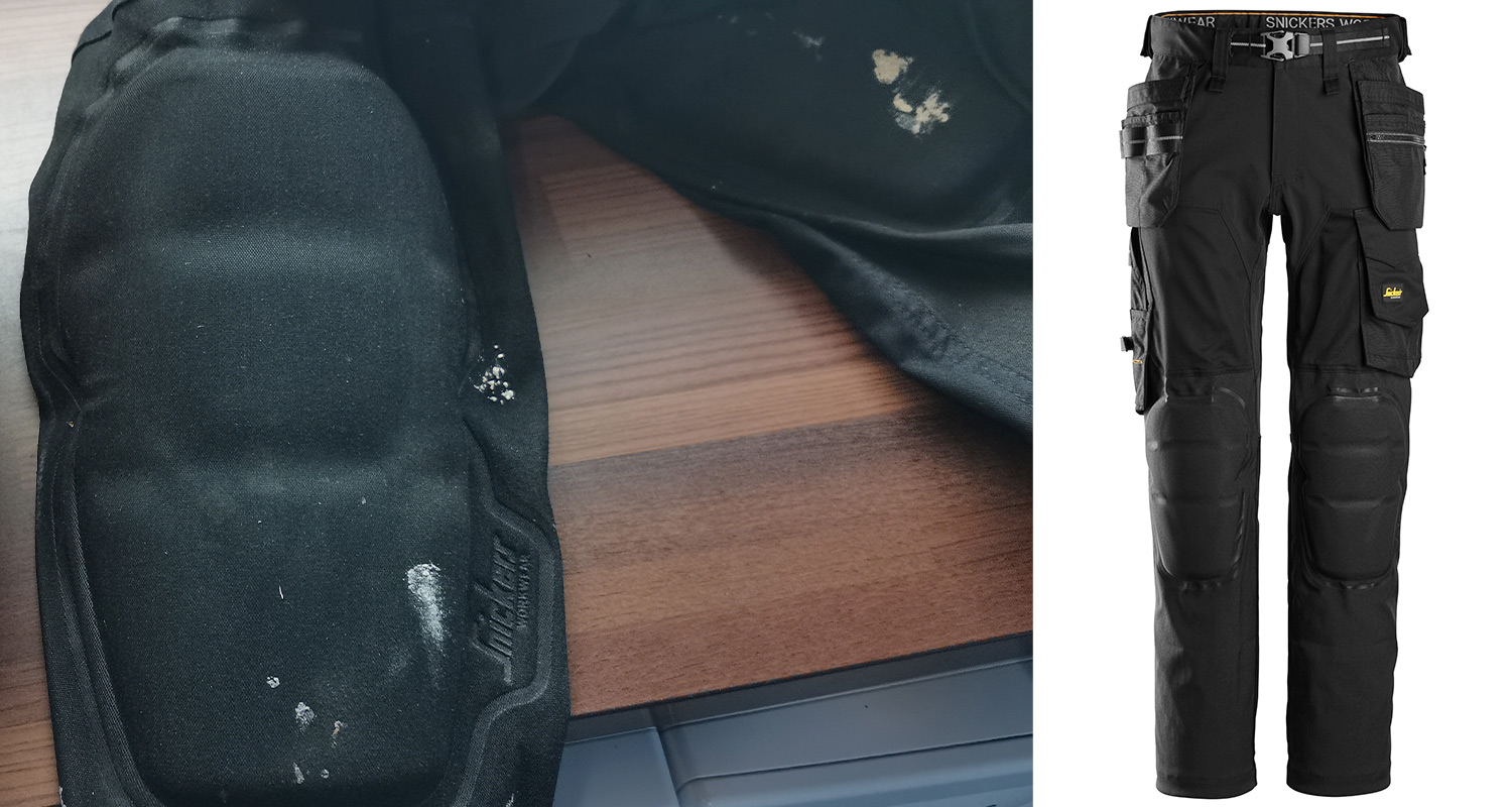 Kuvassa Snickers housut 6590-0404, joissa on rakennetut polvisuojat. Tuotetta myy K-Rauta.