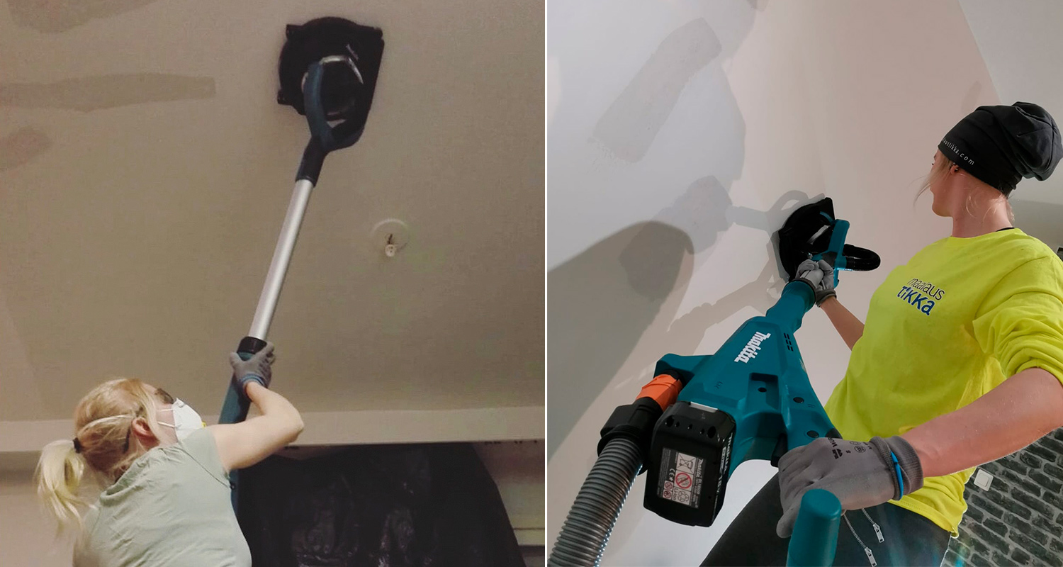 Makitan varsihiomakone ammattilaisen käytössä katon ja seinän hiomisessa