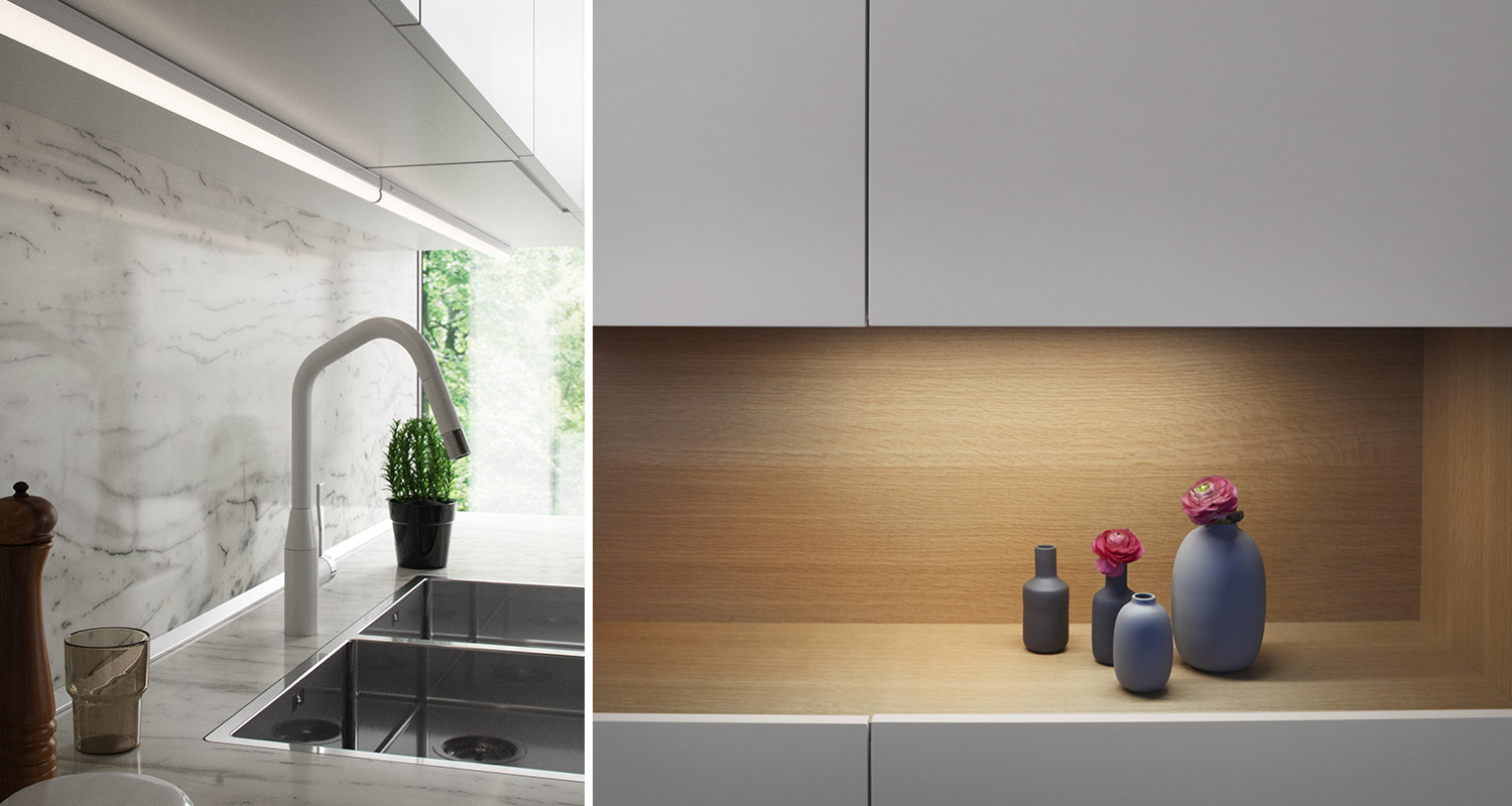 Led-työpistevalaisin keittiön yläkaapin alareunassa tuo työskentelyvaloa keittiöön.