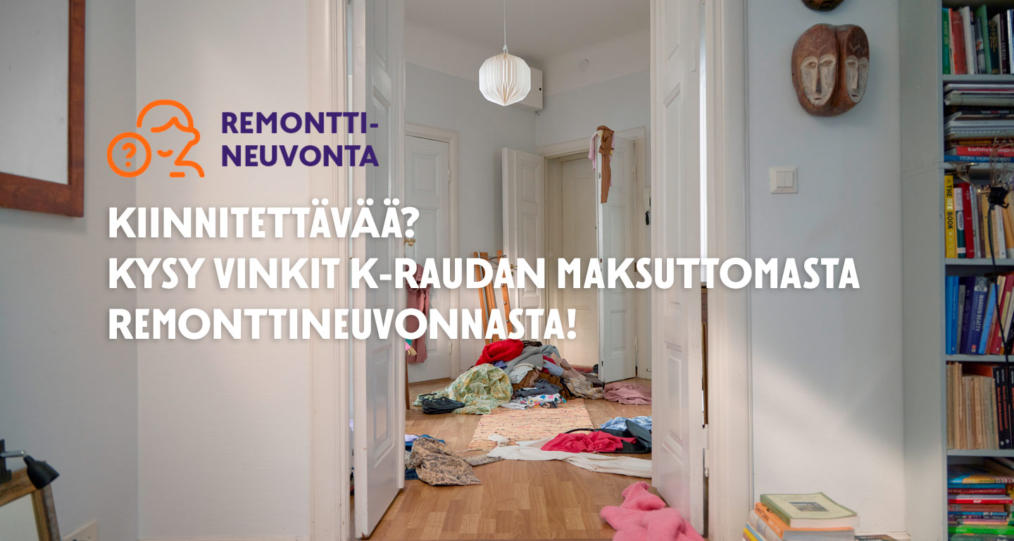 Valkoinen käytävä avoin ovin, vaatekaso puulattialla, K-Raudan oranssi logo ja remonttineuvonta