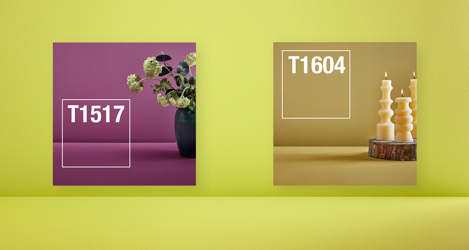 Cellon sisämaalien trendiväriyhdistelmä, jossa kolme eri sävyä: T1517 viininpunertava, T1604 kullankellertävä ja taustalla T1621 kirkas neonvihertävä. 