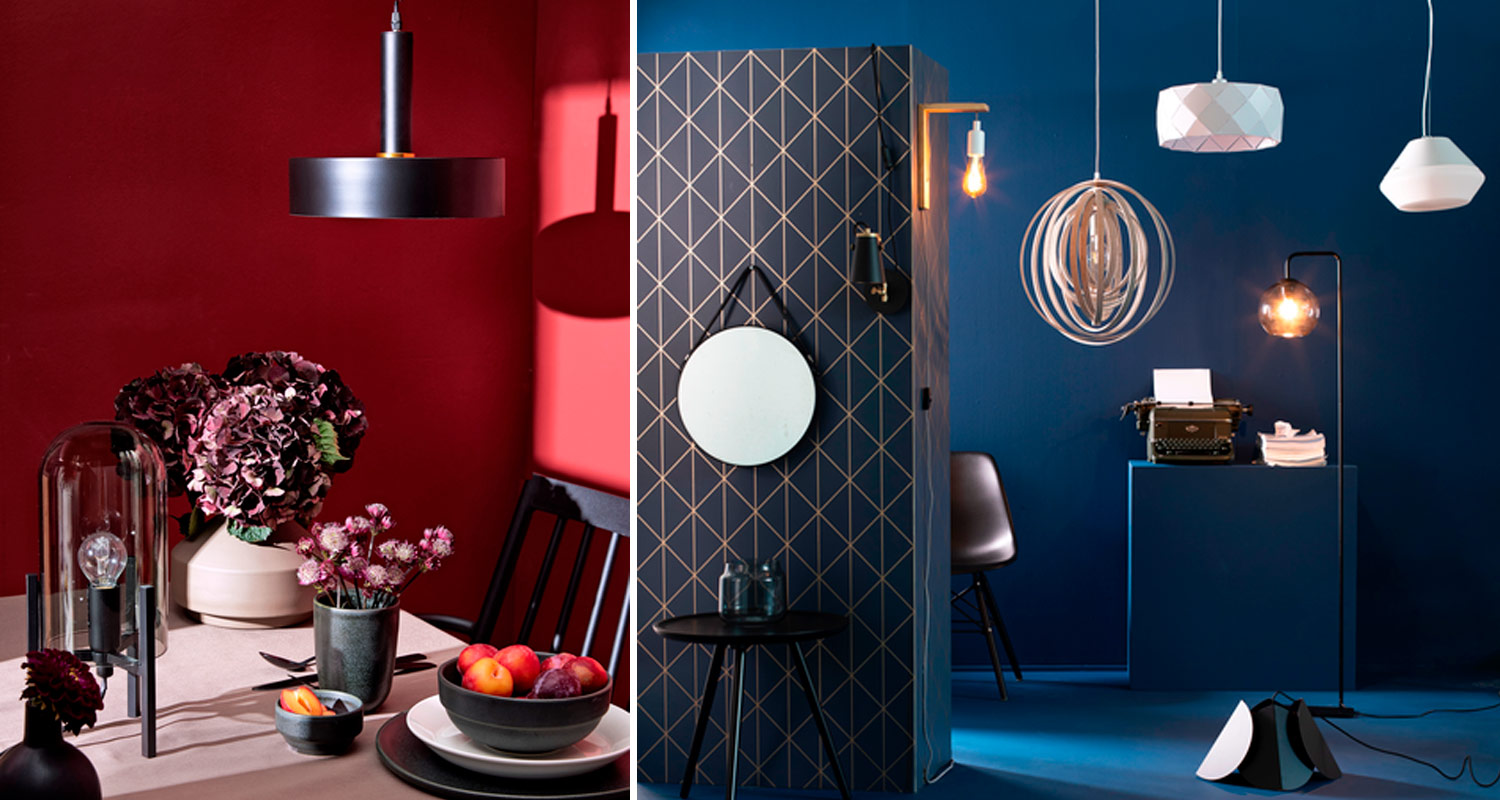 Punainen ruokailutila maljakoineen ja sininen työtila geometrisellä jakajalla ja valaisimilla