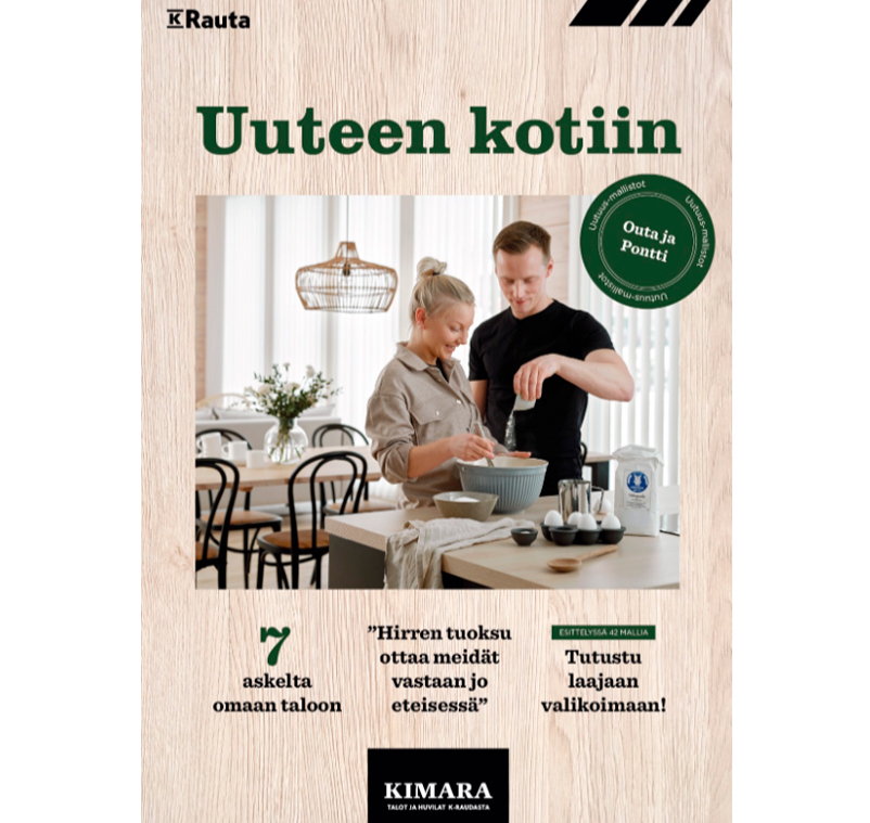 Vaaleapuisessa keittiössä pariskunta sekoittaa taikinaa ja keittiövälineitä pöydällä