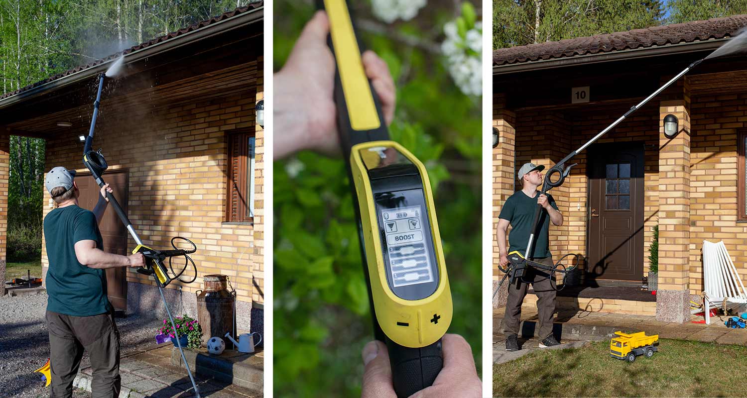 Teleskooppinen pesuvaruste Kärcher käytössä räystäskourun puhdistuksessa