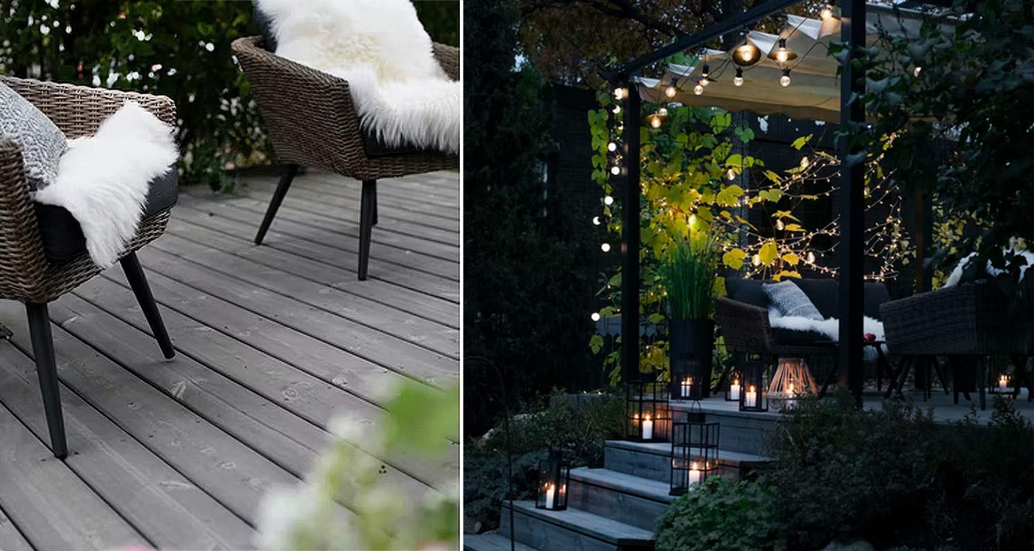 Terassilauta Cello kestopuu harmaa terassilla ja myynnissä K-Raudassa