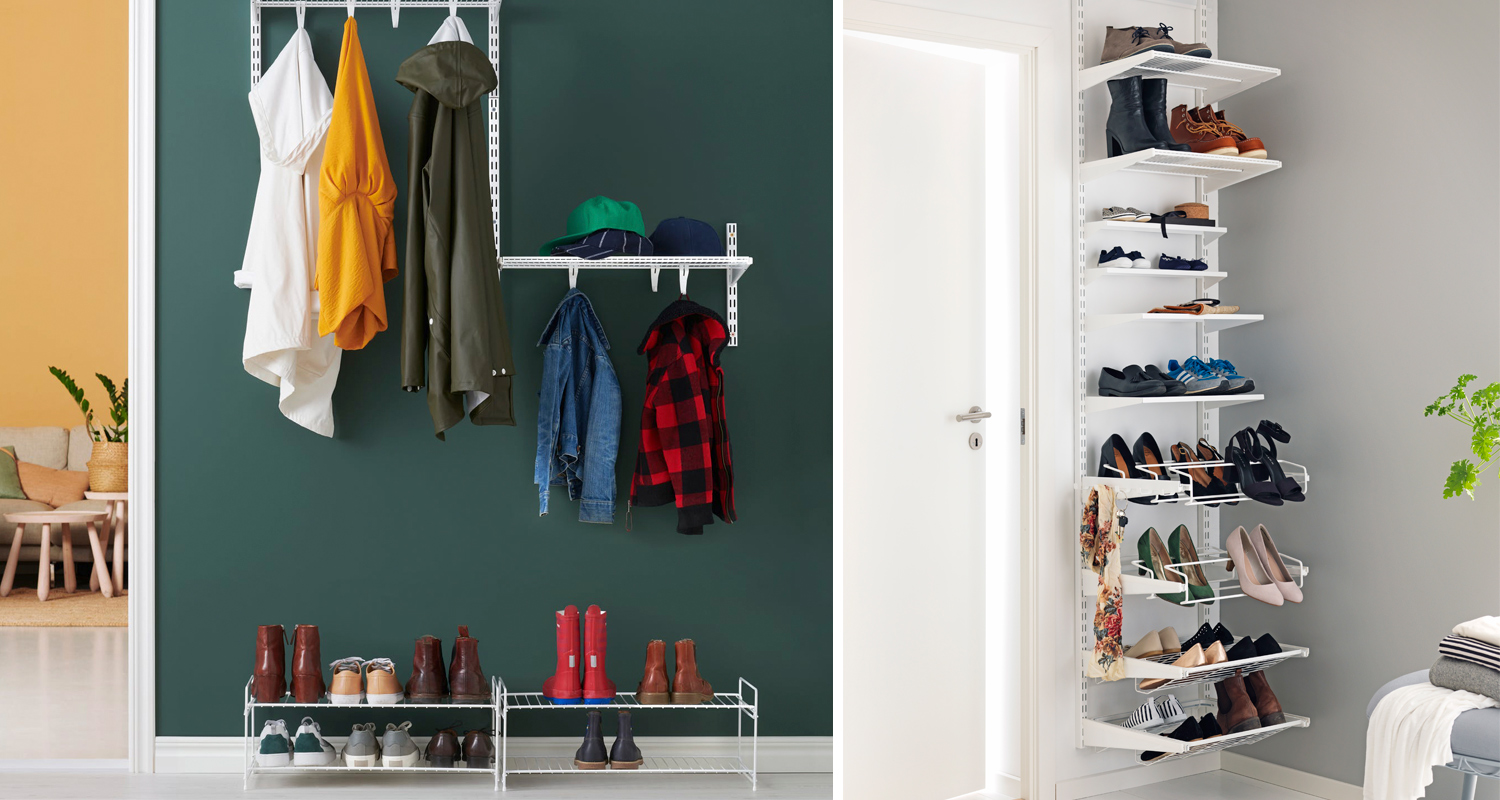 Valkoinen naulakko vihreällä seinällä takeille ja lippiksille, lattialla ja seinällä kenkähyllyt.