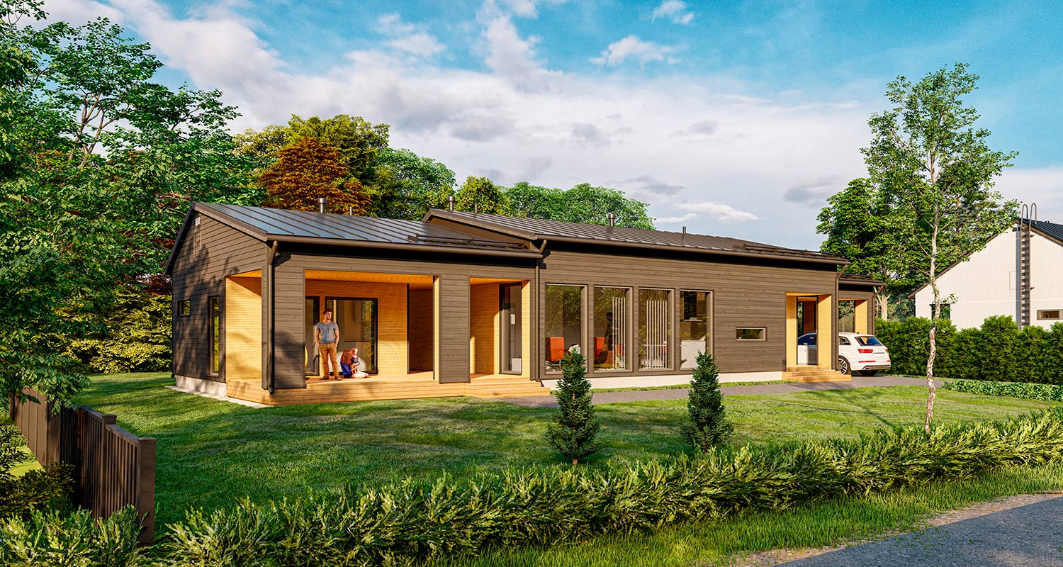 Moderni tumma puurunkoinen talo, terassilla isä ja lapsi, vihreä piha ja puita.