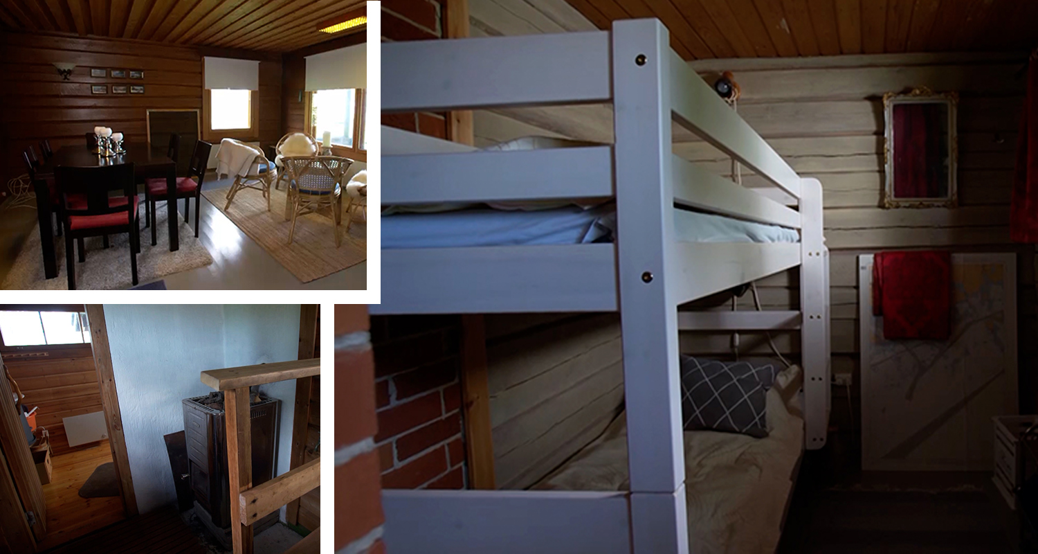 Mökin puusisustus: valkoinen parvisänky, musta ruokapöytä punaisilla tuoleilla ja puuhella.