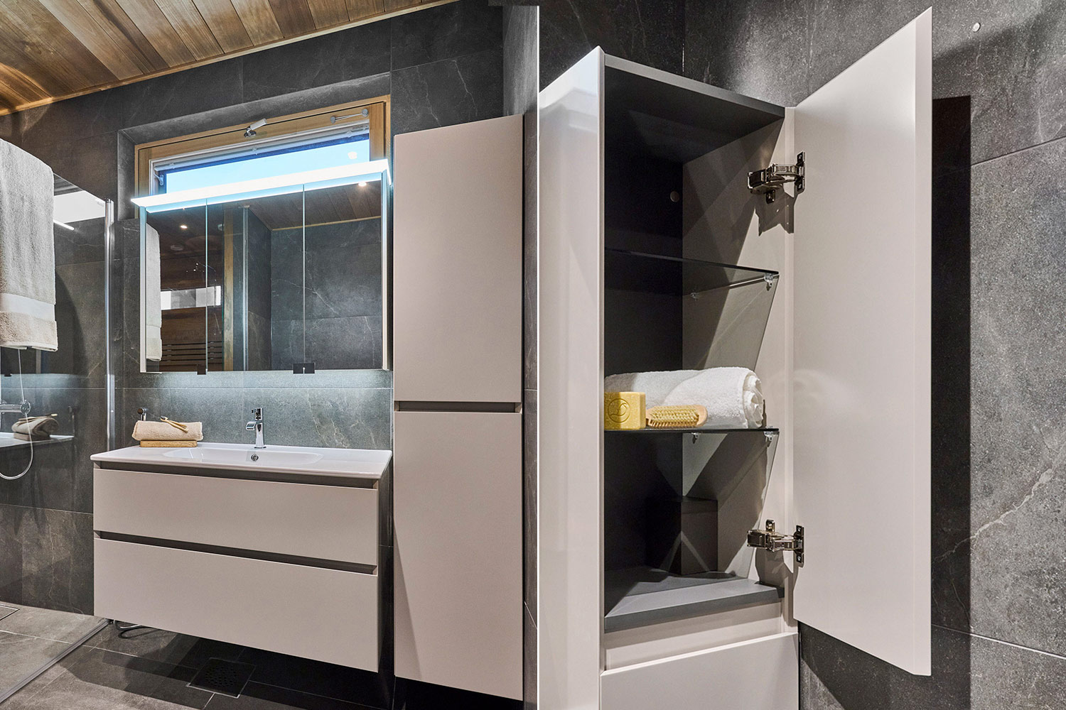 Kattohuoneiston kylpyhuoneessa käytettiin Cellon Bay-sarjan kalusteita värissä greige, joka tuo kaunista pehmeyttä tilaan. Pintamateriaalit ja kalusteet K-Raudan valikoimista.
