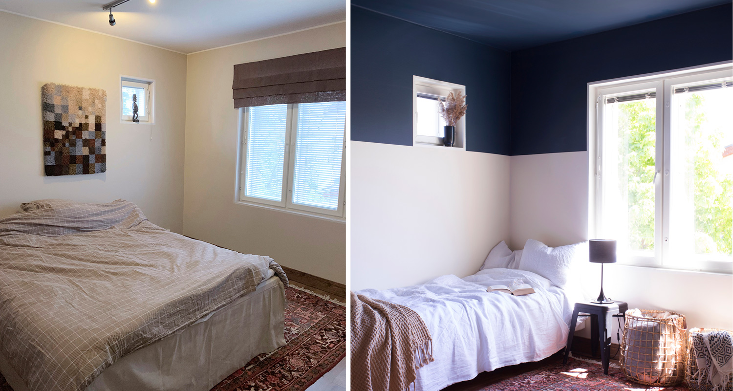 Vasemmalla beige makuuhuone ruskealla taideteoksella, oikealla valkoinen vuode mustalla yläseinällä