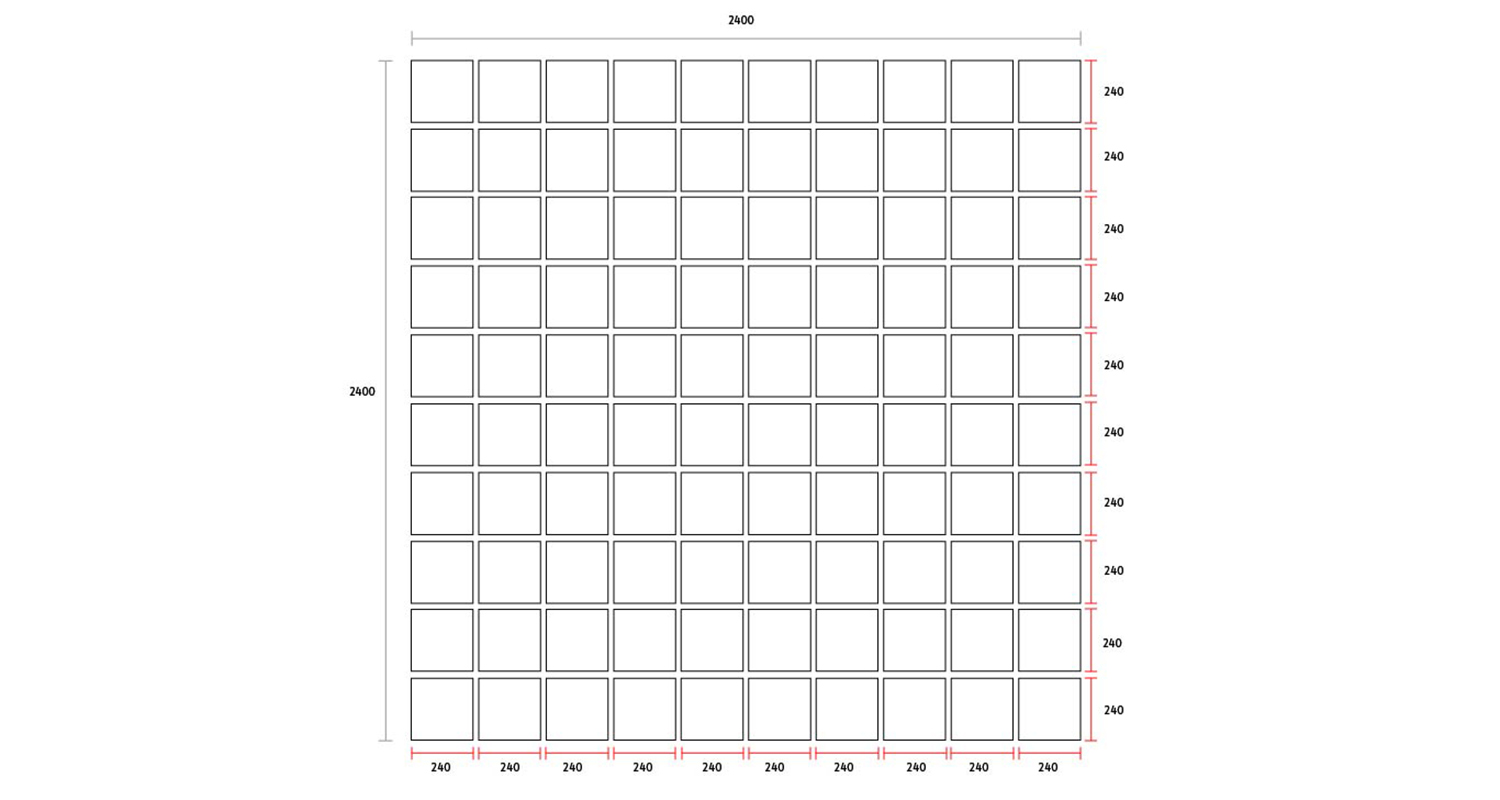 10×10-ruudukko mustin ääriviivoin, ylhäällä musta 2400 ja sivuilla punaiset 240