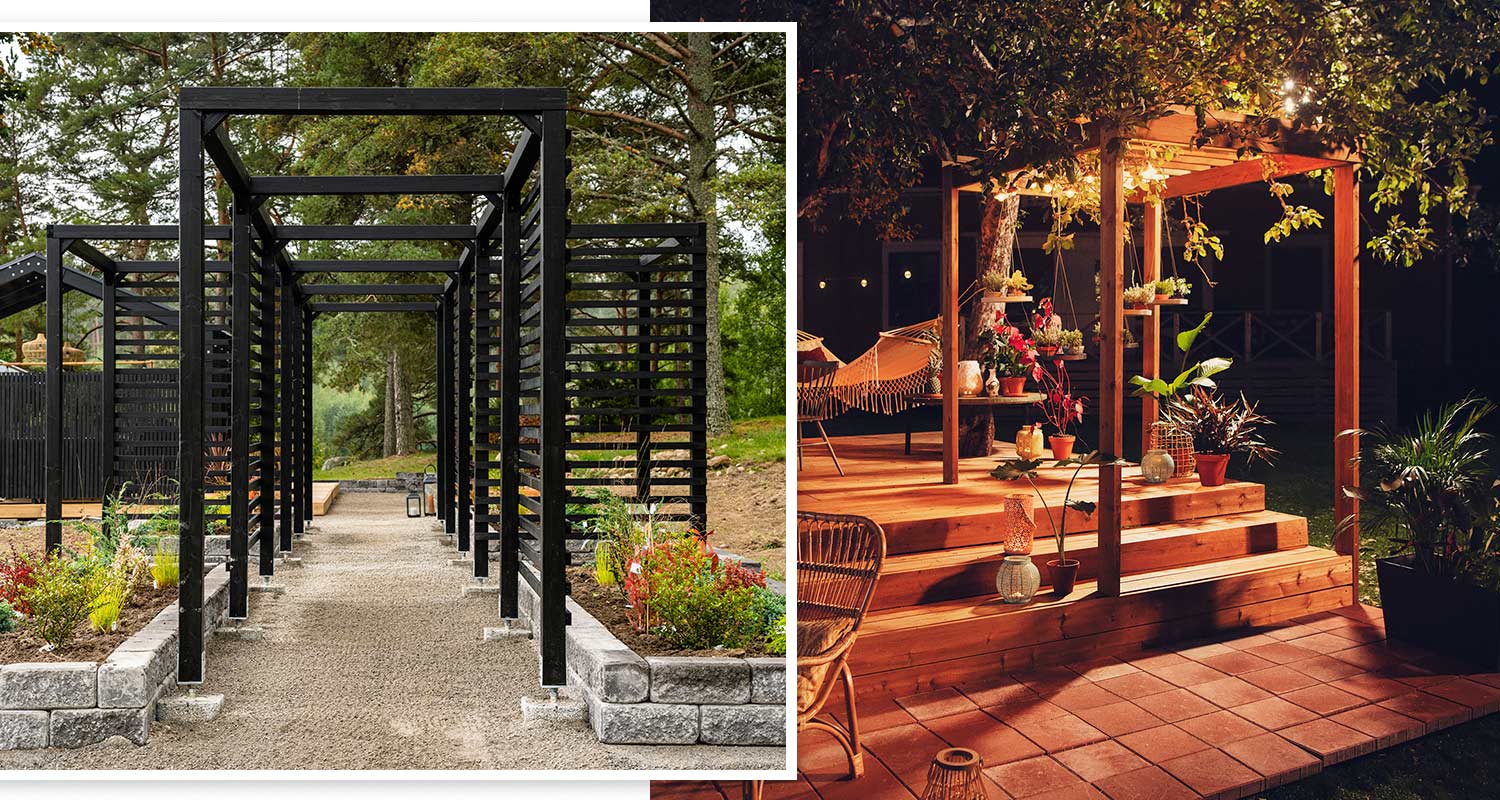 Juoksupergola ja pieni pergola terassilla, rakennusohjeet ja tarvikkeet K-Raudasta