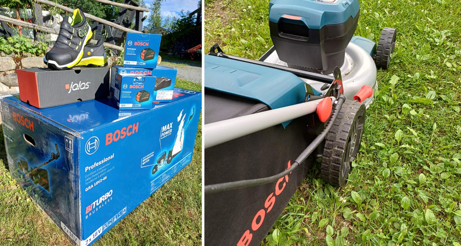 Kuvassa ammattilaiselle testiin tullut paketti, jossa akkuruohonleikkuri Bosch GRA 18V2-46 Solo, akku- ja laturipaketti Bosch 18V 2x12,0Ah ProCore GAL 18V-160 ja turvakengät JALAS 2068 Tio. Tuotteet K-Raudasta.