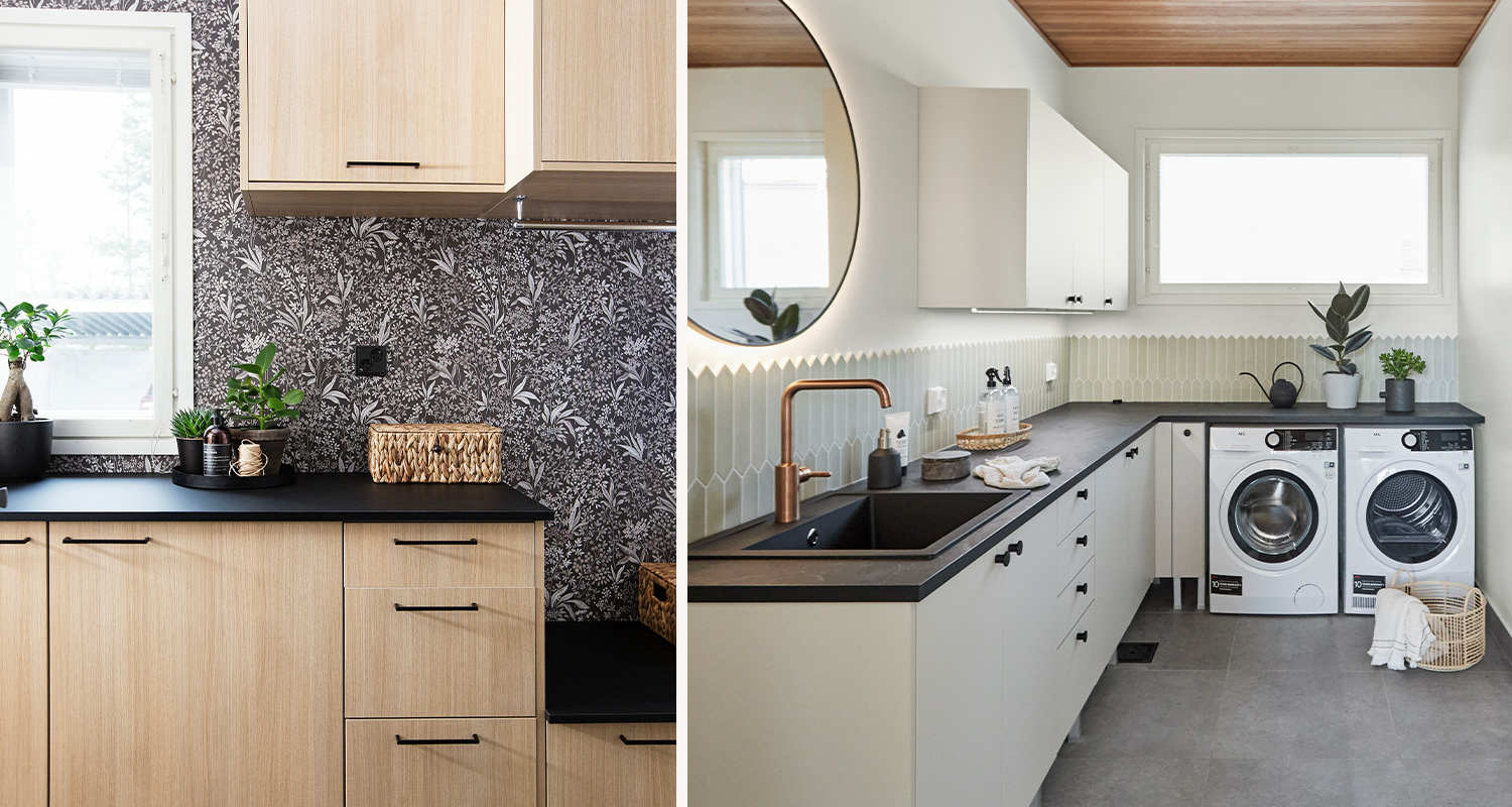 Kaksi erilaista kodinhoitohuonetta ja niiden säilytysratkaisut.