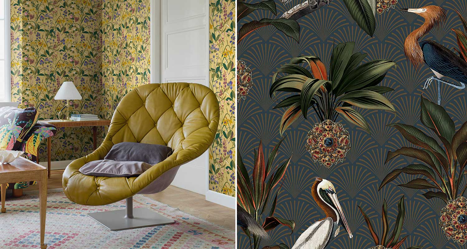 Värikästä, keltapohjaista kukkatapettia seinässä ja hauska lintutapetti jalokivien kera. Molemmat K-Raudan valikoimista. 
