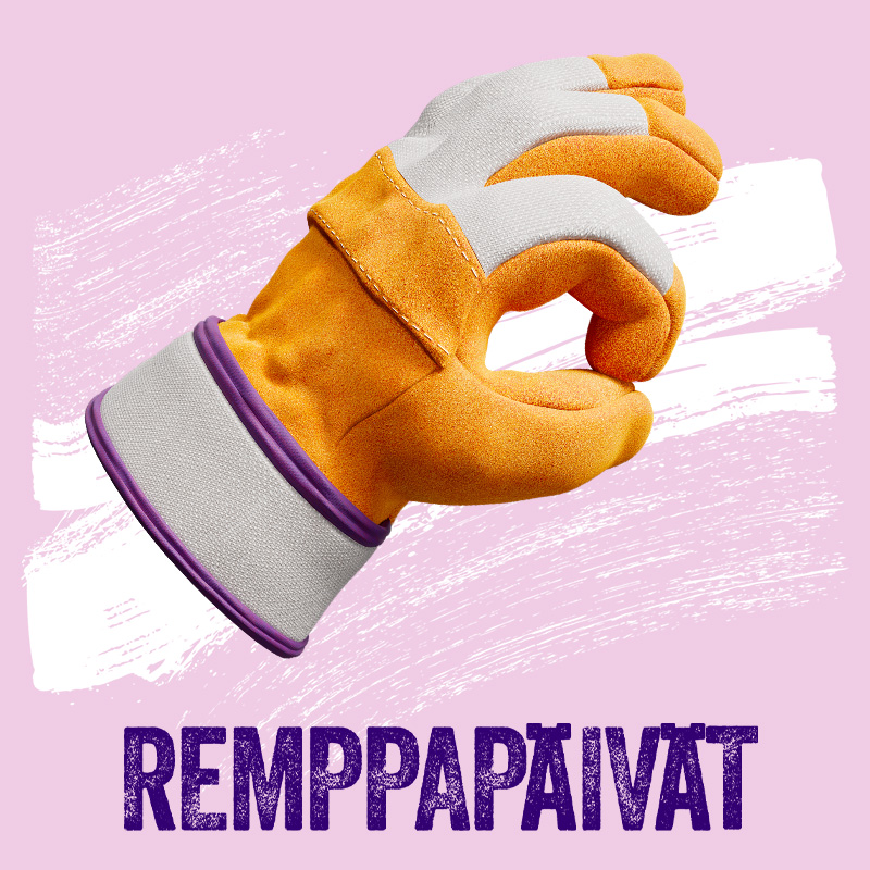 Kuvassa remppapäivät remppahanska vaaleanpunaisella taustalla.