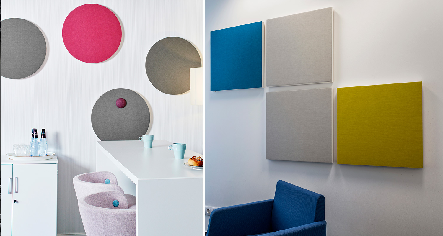 pyöreä ja neliskanttinen akustiikkalevy seinässä 