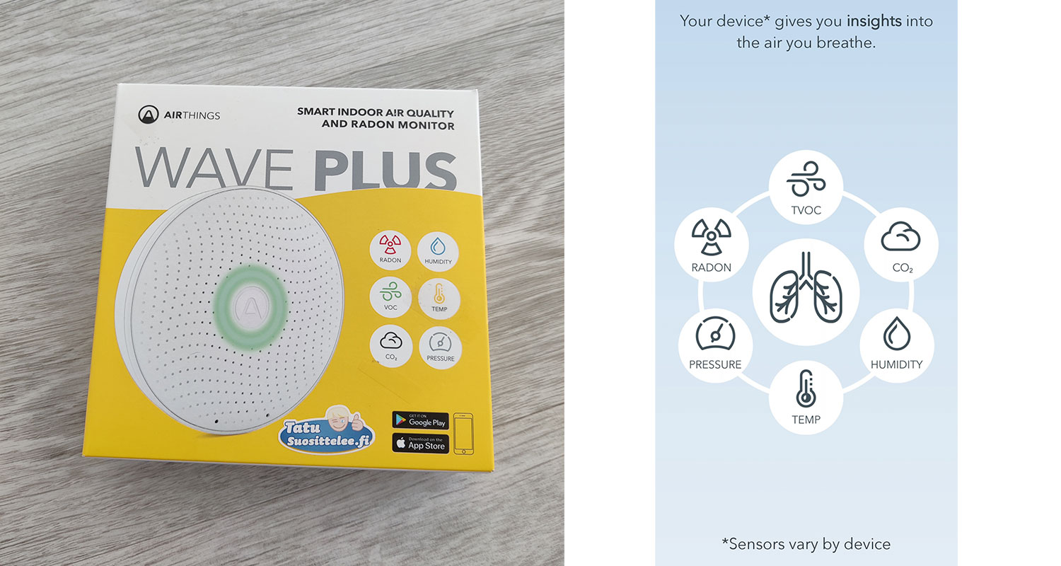 Airthings Wave Plus ilmanlaatu- ja radonmittarin pakkaus