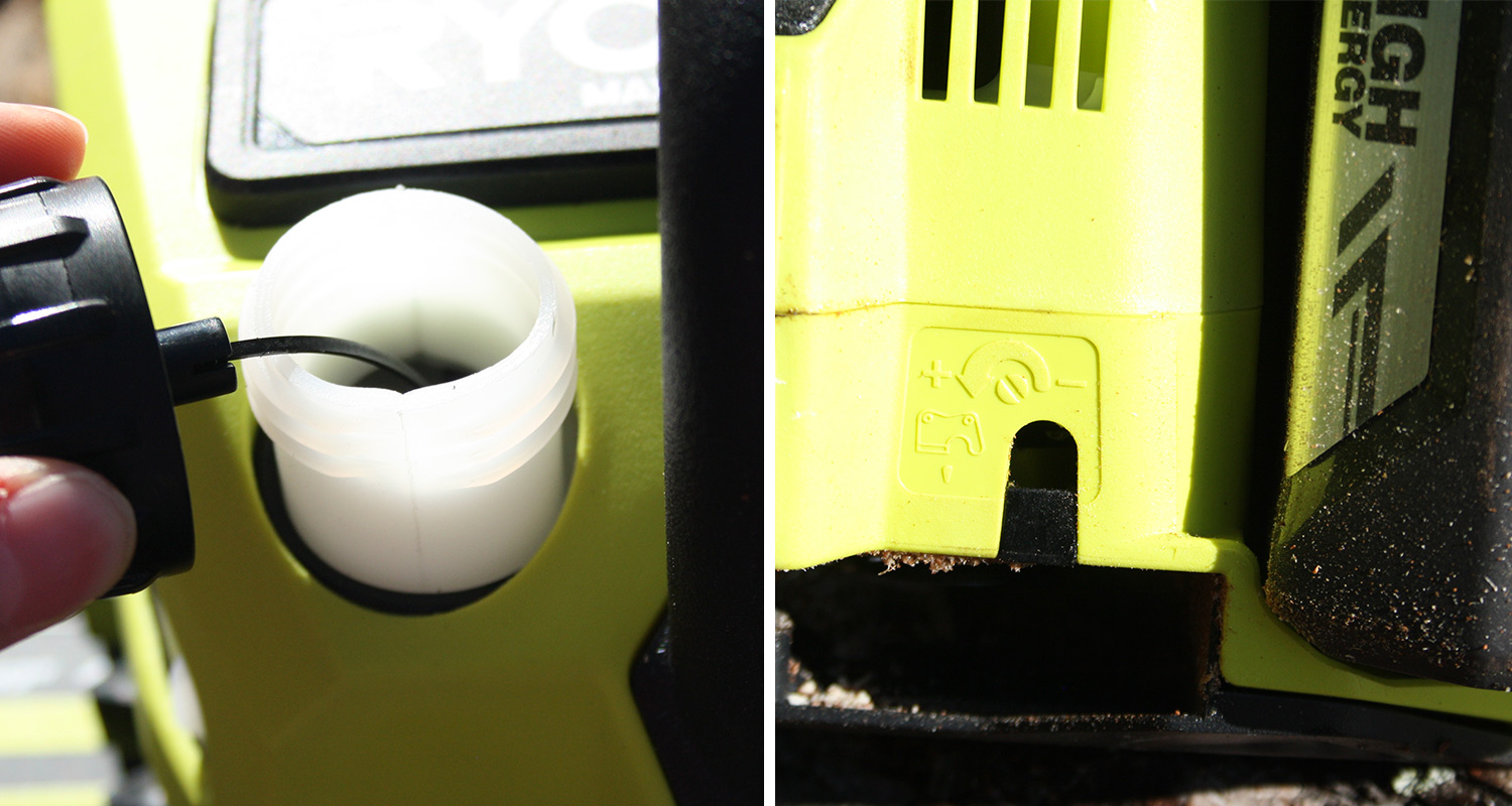 Ryobin akkuketjusahan yksityiskohtia