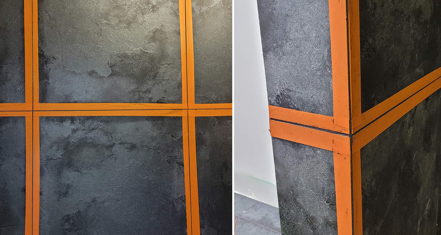 Teipatut laattasauman ympärystät. Saumat on jo saumattu Webercolor Evolution saumalaastilla, väri black