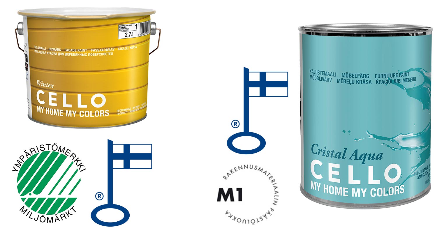Kaksi CELLO-maalipurkkia (keltainen ja turkoosi) sekä Avainlippu-, ympäristö- ja M1-sertifikaattilogot