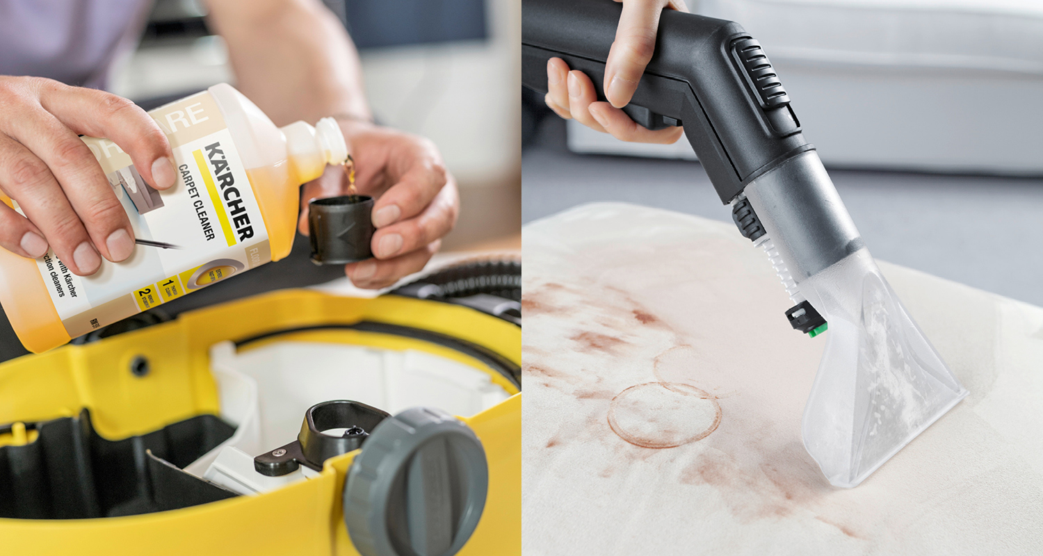 Käsi kaataa keltaista Kärcher-matonpesuainetta koneeseen; musta suutin poistaa tahroja matolta.