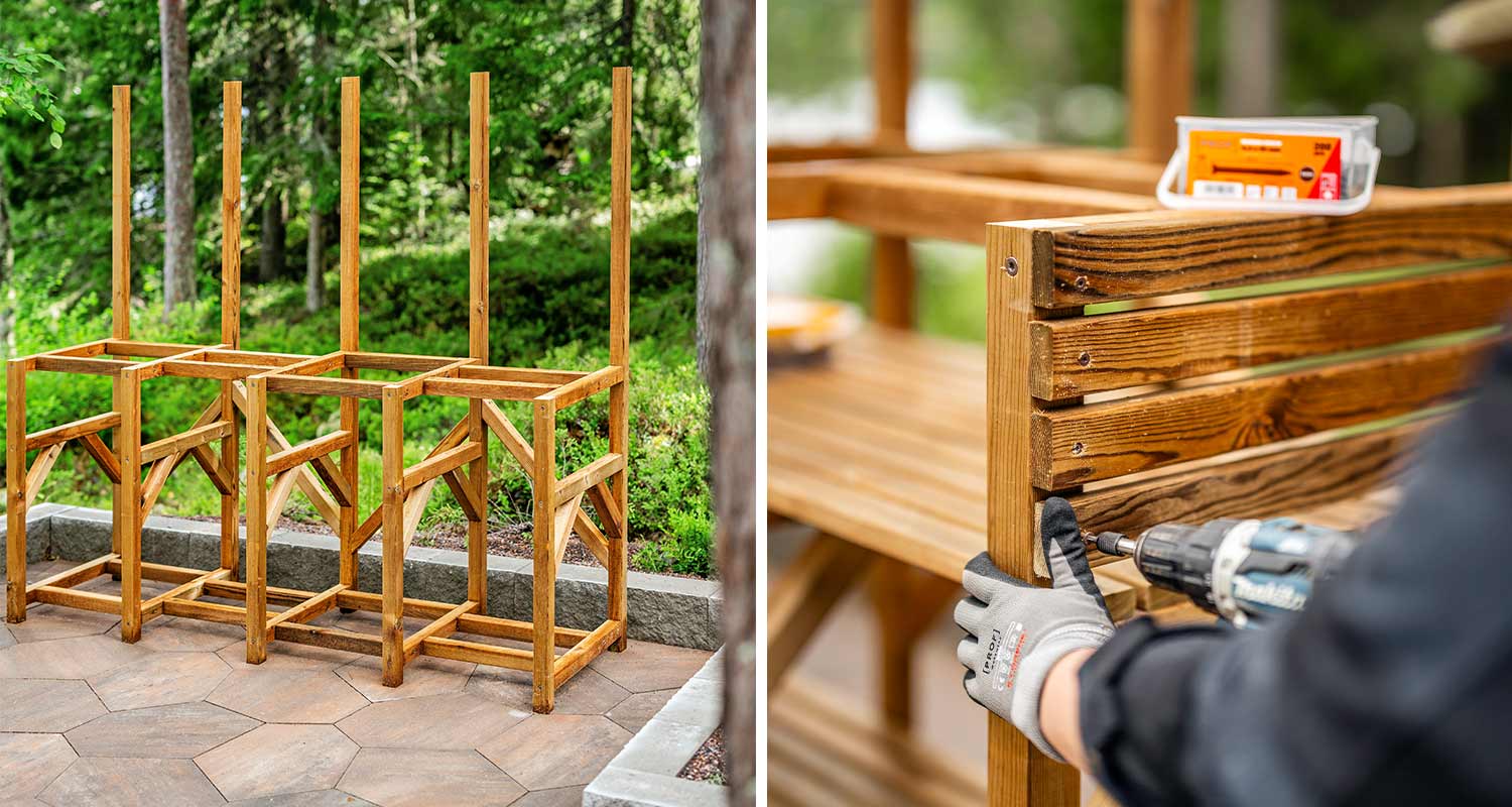 Neljä ruskeaa puurankaa laatoitetulla pihalla metsätaustalla, hansikas käsi poraa puulistaa.