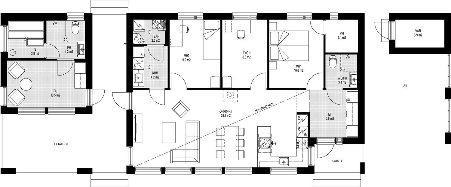 Yksikerroksinen talo, mustavalkoinen pohjapiirros: olohuone-keittiö, 2 mh, työhuone, sauna, terassi