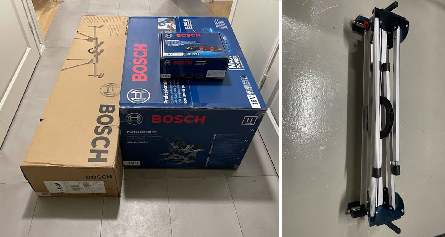 Tuotepakkaus akkukatkaisu- ja jiirisaha Bosch GCM 18V-216 DC Solo sekä sahausjalusta kasassa