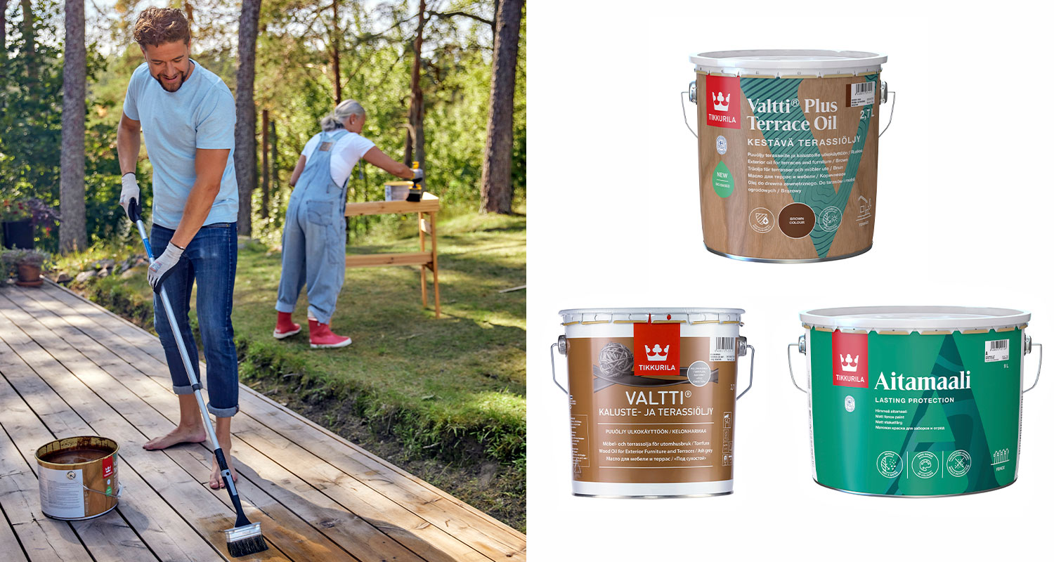 Mies ja nainen tekevät puupintojen pintakäsittelyä Tikkurilan Valtti ja Valtti Plus -tuotteilla. Kuvassa myös Tikkurilan Aitamaali.