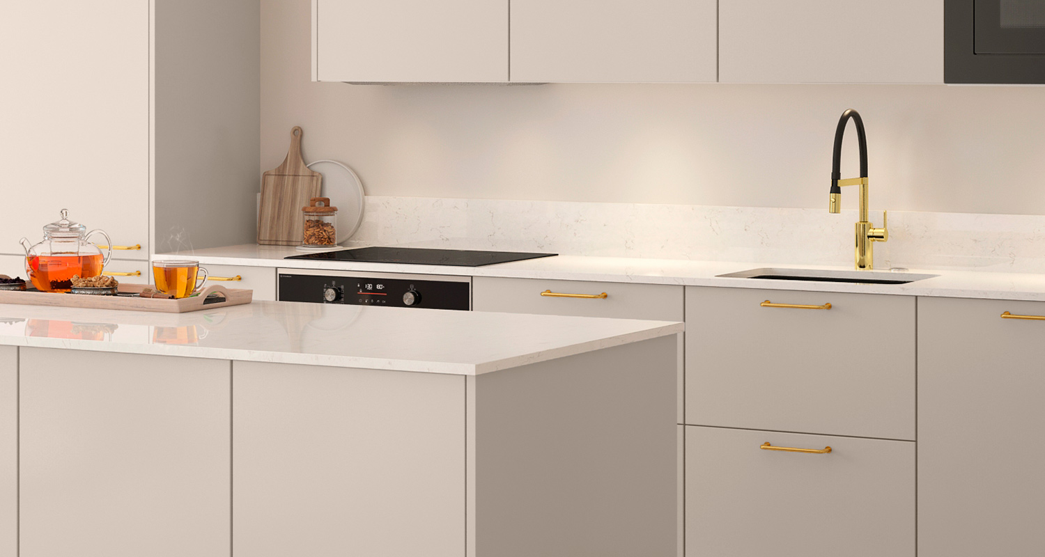 Kuvan Cello-keittiössä on vaalea kvartsitaso