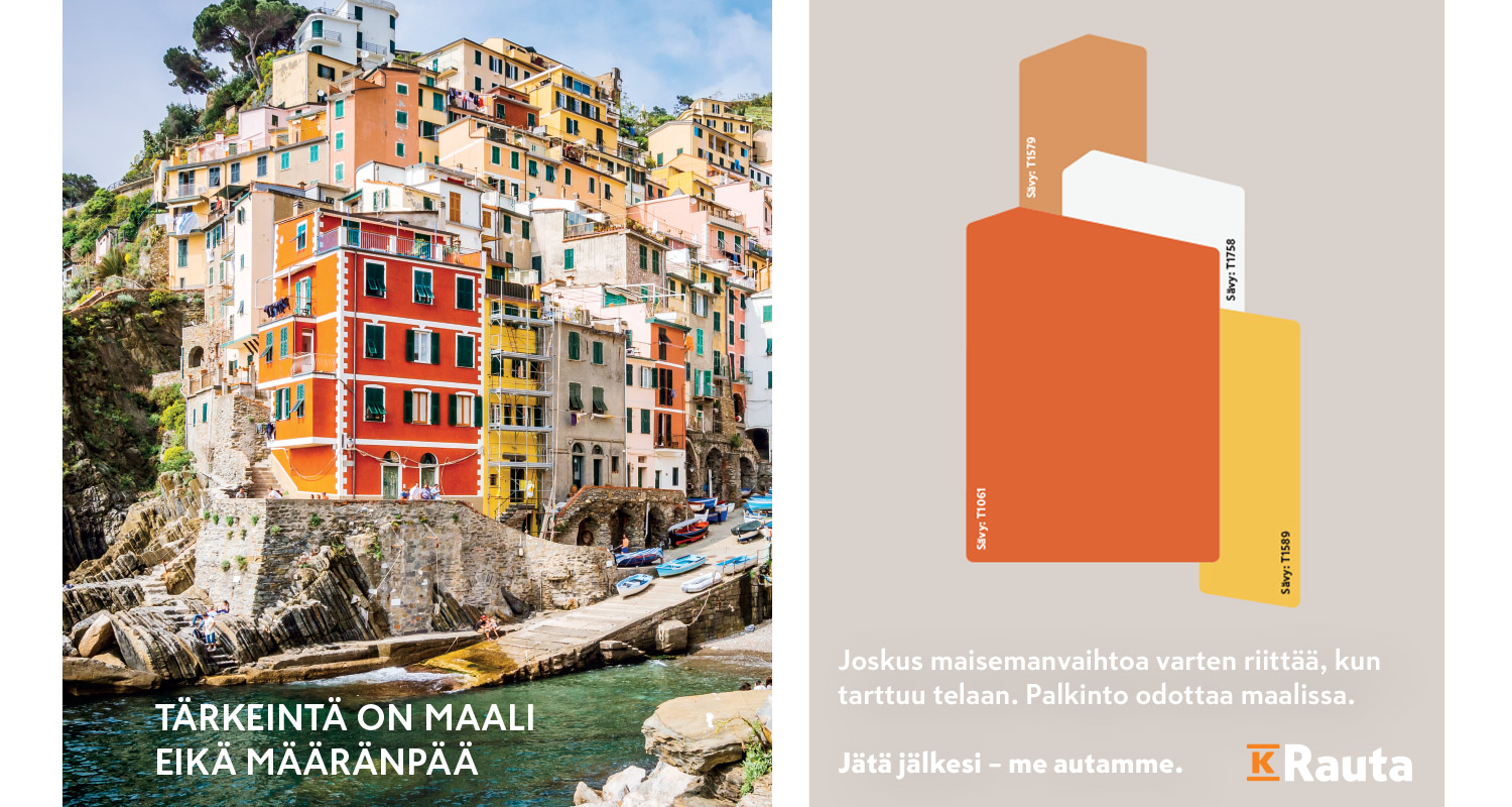 Tärkeintä on maali eikä määränpää. Italialainen värikäs kylä ja siitä poimitut K-Raudan Cello-sisämaalien maalisävyt. 