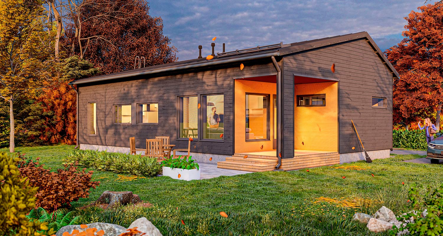 Ainoakoti Fiksu-malliston harmaaruskea talo oranssilla sisäänkäynnillä K-Raudasta