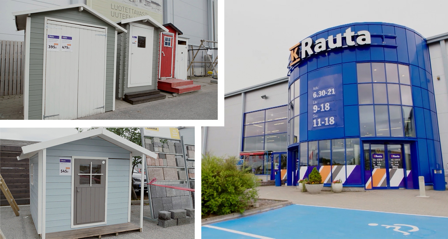 Sinisen K-Rauta-myymälän edusta pihavajinäytteineen: harmaa, punainen ja vaaleansininen.