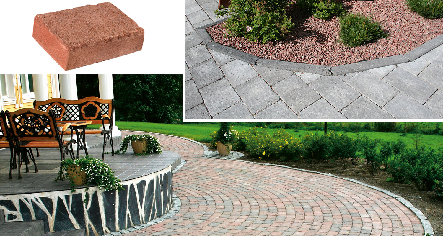 Pyöreä harmaa- ja punatiilinen pihakiveys, musta-puinen puutarhapenkki, ruukkuja valkoisin kukin.