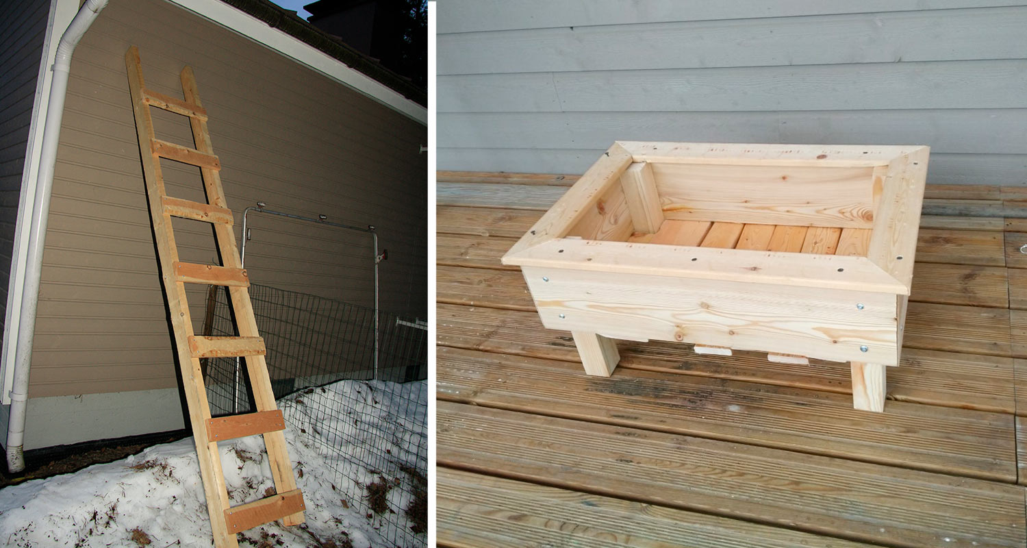 Itse tehdyt tikapuut ja kukkalaatikko